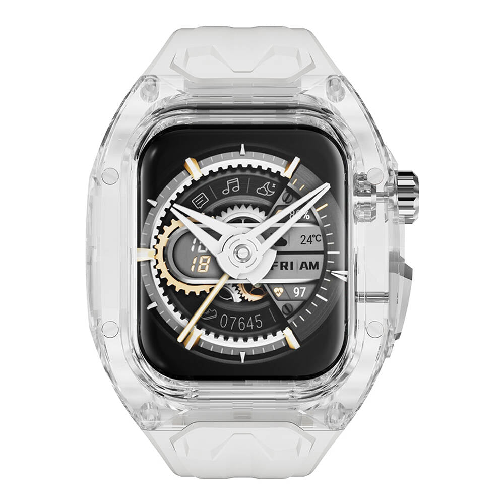 Wiwu Wi-WB013 Rambo Serisi Apple Watch 42/44/45mm Uyumlu 2in1 Şeffaf PC Kasa Koruyuculu Kauçuk Kordon Wiwu Wi-WB013 Rambo Serisi Apple Watch 42/44/45mm Uyumlu 2in1 Şeffaf PC Kasa Koruyuculu Kauçuk Kordon